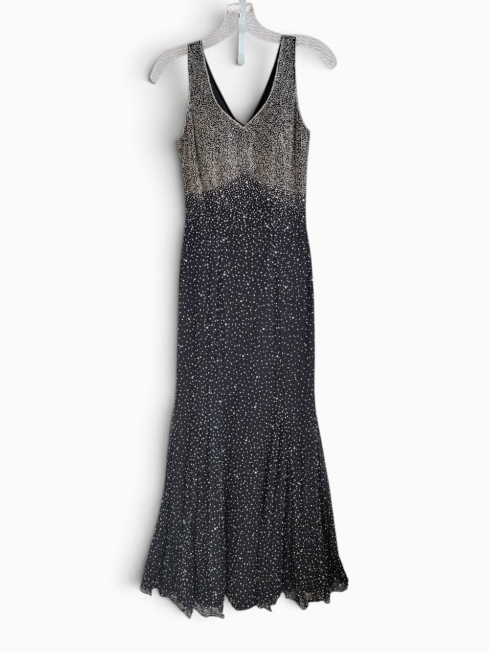 Sean Collection XS 100% Silk Black Silver Beaded Mermaid Maxi Gown Y2K Formal